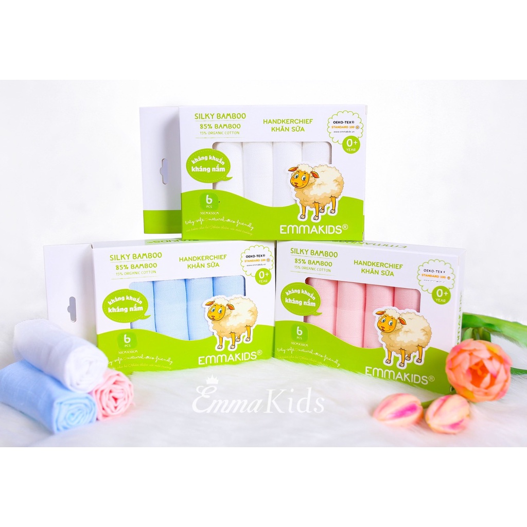 Hộp 6 Khăn sữa sợi tre 2 lớp EMMA KIDS, kích thước 30 x 30cm - Khăn sợi tre cho bé.