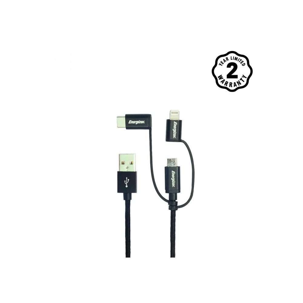 Cáp sạc 3 trong 1 Energizer Metallic MFi Lightning MicroUSB USB Type-C dài 1.2m-C13UBX3CF