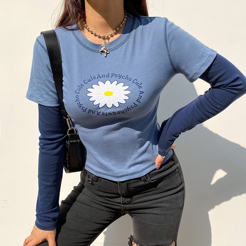 ✿-LZZ-✿-Women Casual Long Sleeve T-shirt, Blue Round Collar Letters and Floral Printed Pattern Tops