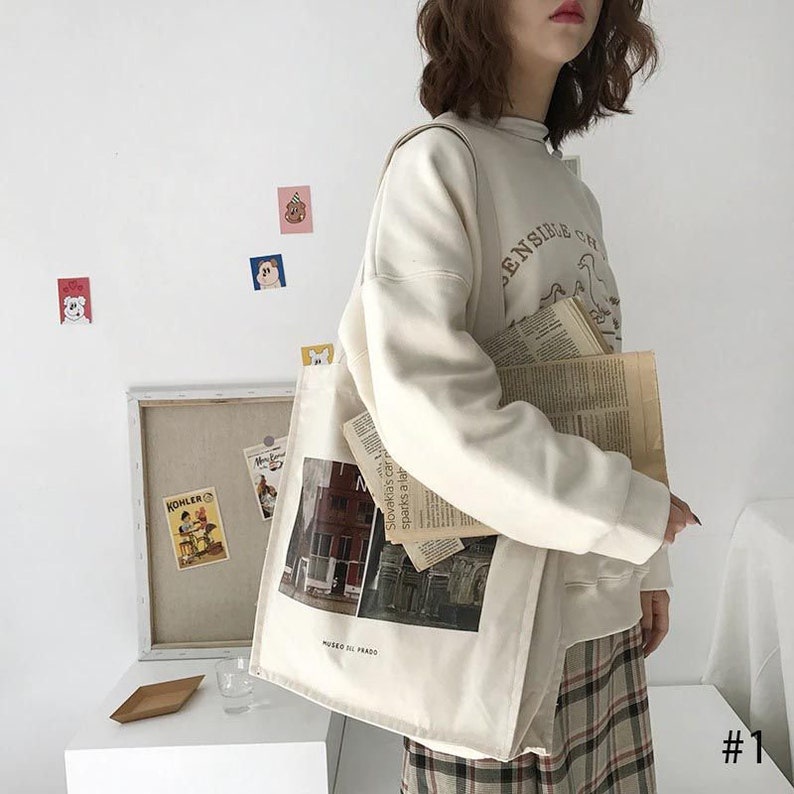 Túi tote vải Canvas bảo tàng Prado, túi trong có khóa kéo, phong cách thời trang Hàn Quốc
