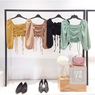 Tuyệt ☘️☘️Áo croptop voan cổ vuông dây rút 2 bên☘️☘️ hàng chọn
