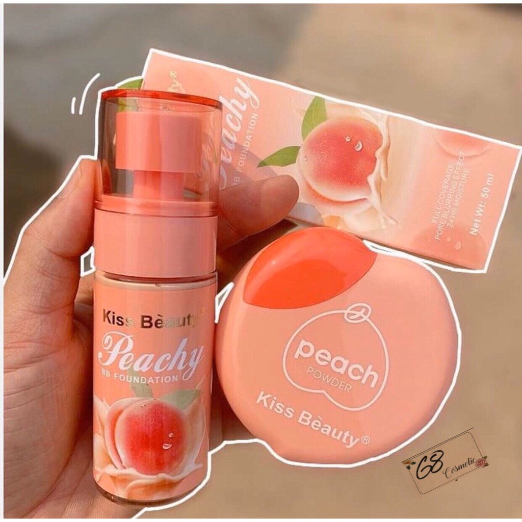 🍓 Combo makeup 3 món ( Kem nền Peachy + phấn phủ Peach + Son ) KISS BEAUTY made in THÁI LAN 🇫🇷