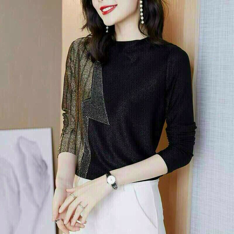 Hàng nhập - Áo kiểu nữ thun kim tuyến họa tiết, áo thung nữ tay dài công sở