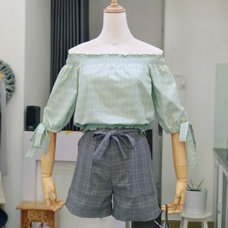 Áo bẹt vai caro cột nơ tay
