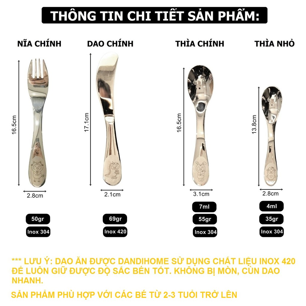 Bộ dao thìa nĩa cho bé tập ăn DandiHome inox 304 cao cấp an toàn vệ sinh - Có các lựa chọn