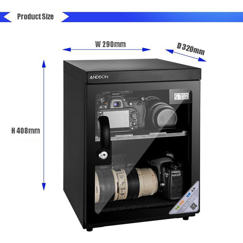 [ Chính hãng - bảo hành 5 năm] Tủ chống ẩm cho máy ảnh ANDBON ( MODEL AB-30C) -30 Lít , 2 ngăn, có khóa, xốp chống xước