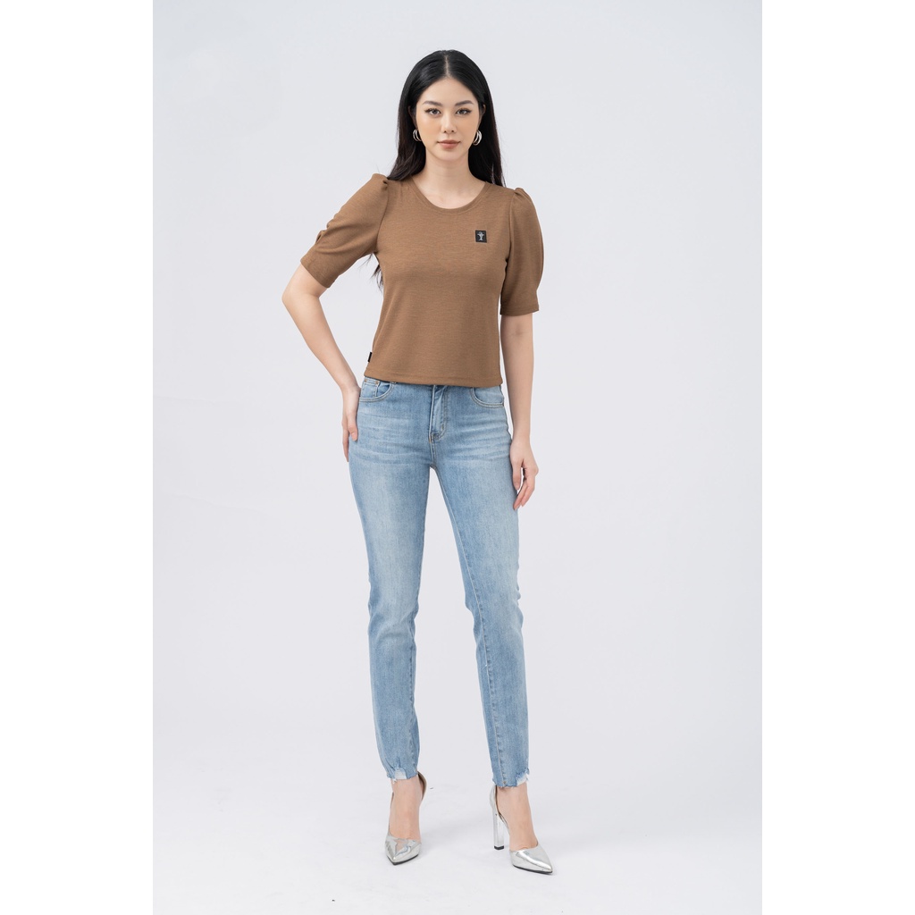 Áo cotton nữ croptop, áo thun nữ cổ tròn tay ngắn đính trang trí ngực FIONA F521248