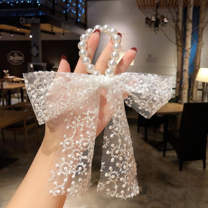 Cột tóc nơ - Dây buộc tóc ngọc trai nhân tạo đính nơ ren nữ tính ZAZA BN009