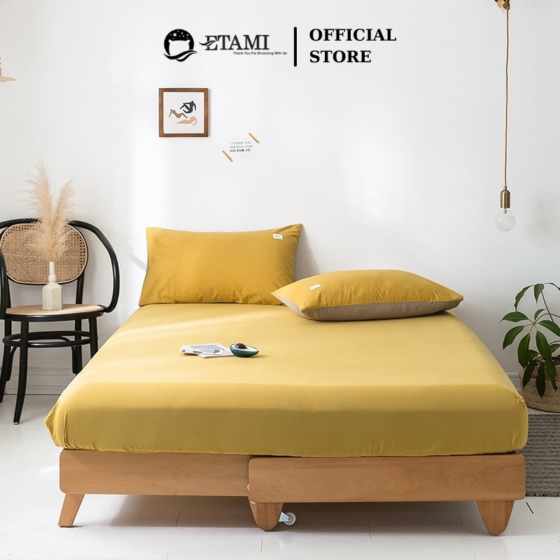 Bộ ga gối cotton tici ETAMI ga trải giường và 2 vỏ gối màu vàng đậm miễn phí bo chun cho drap giường ga trải giường T06