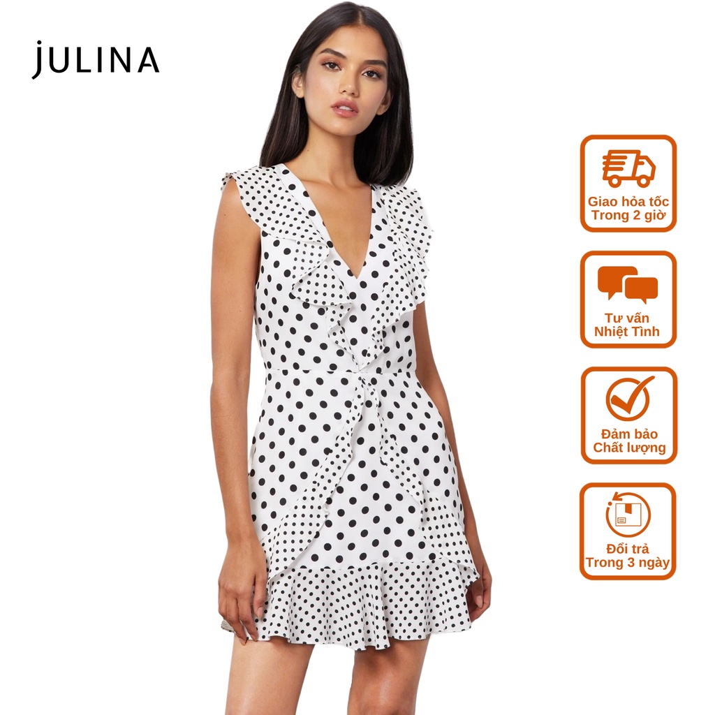 Đầm voan ngắn dáng xòe tay bèo màu trắng chấm bi sang trọng Julina - JD633