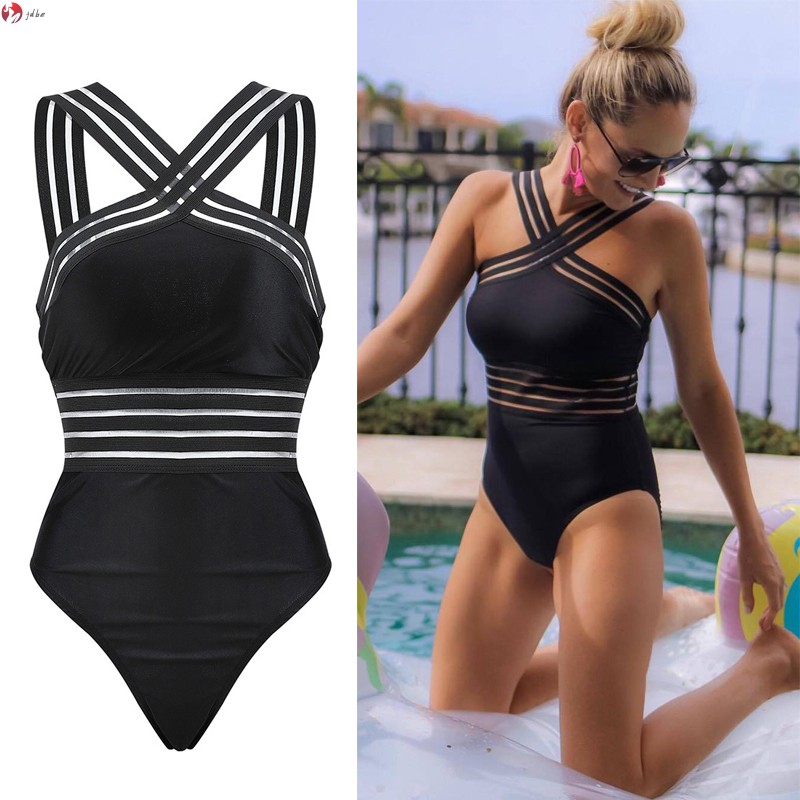 JDBE Sexy Black Striped One Piece Bikini Women's Bandage Push Up Monokini Swimwear Swimsuit Beach Triangle Bathing Suit