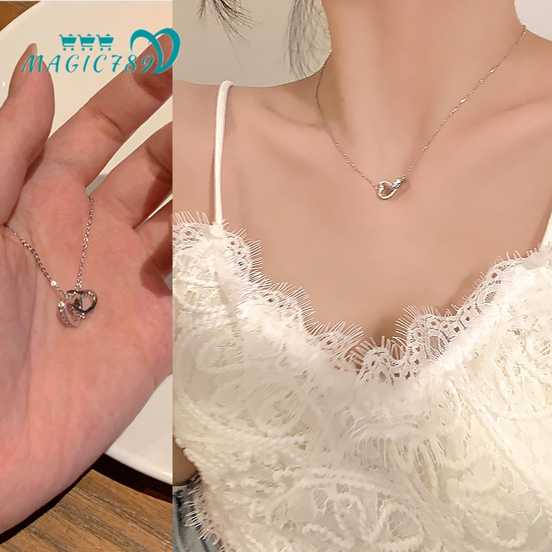 Vòng cổ Bạc s925 Mặt Hình Trái Tim Đính Pha Lê Thời Trang Cho Nữ