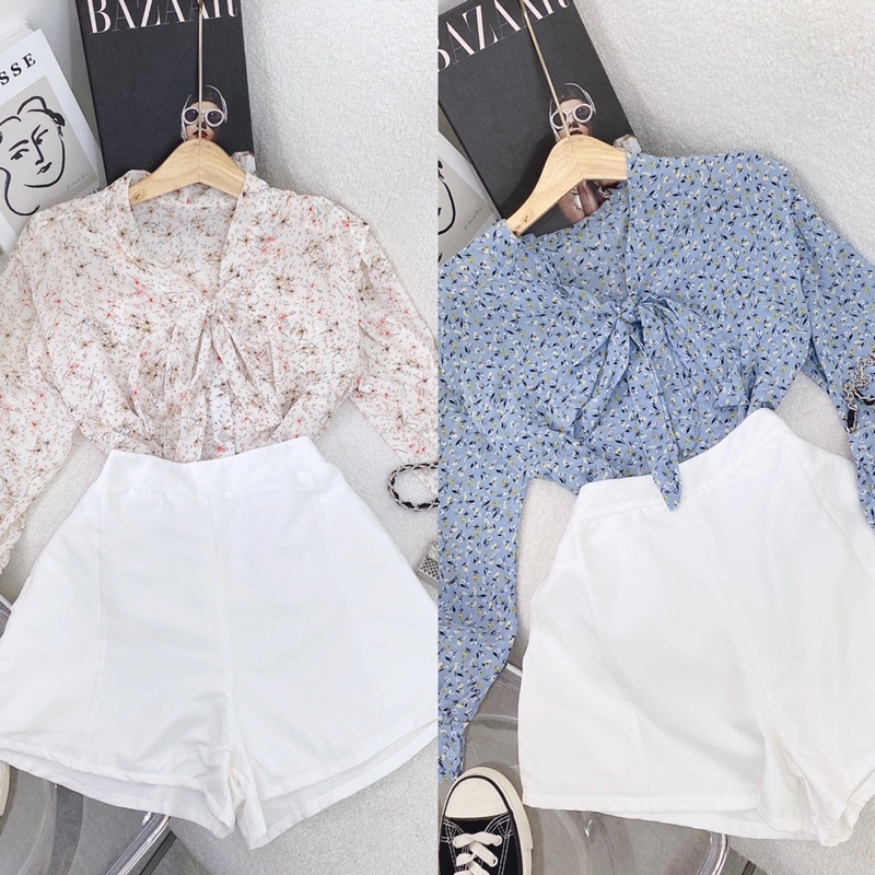 SET ÁO HOA THẮT NƠ + SHORT TRẮNG
