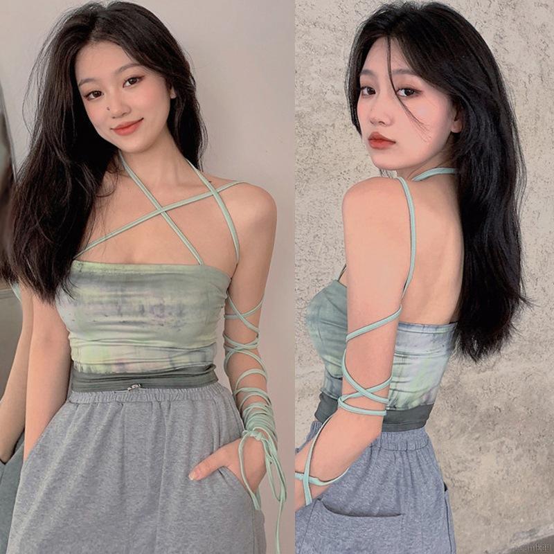 Áo Tank Top không tay hở rốn dáng ôm màu nhuộm thời trang quyến rũ cho nữ