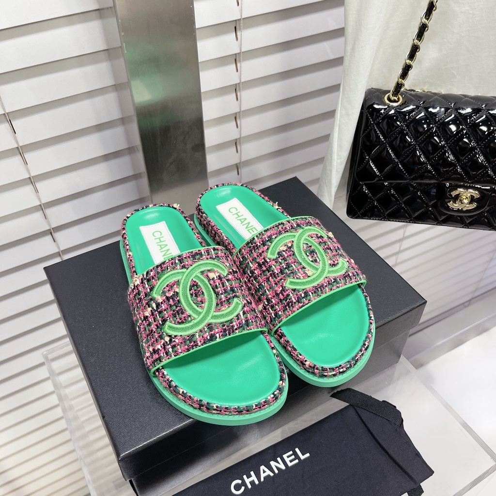 Dép nữ da thật thời trang cao cấp 𝘾𝙝𝙖𝙣𝙚𝙡 𝘾𝙝𝙖𝙣n𝙚𝙡 CN thiết kế dạ tweed, phong cách cá tính