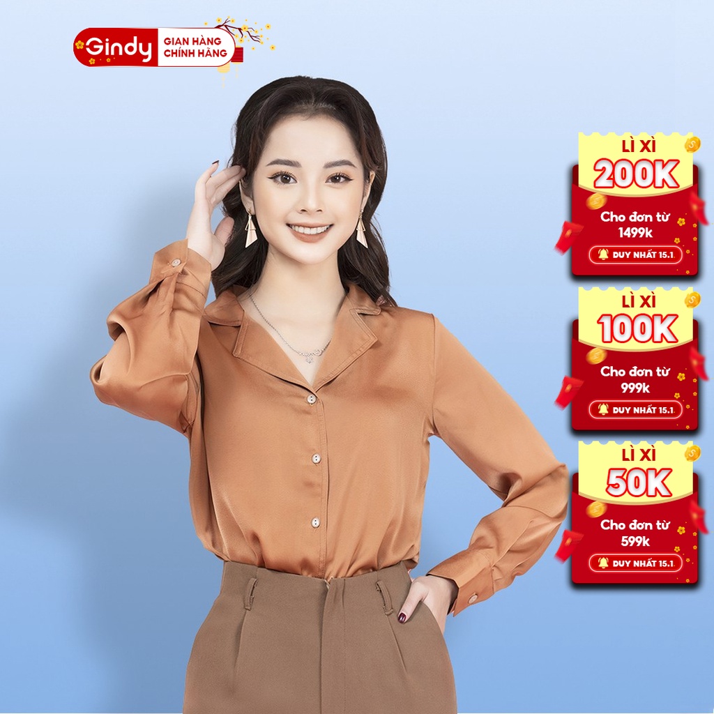 Áo sơ mi nữ lụa thái GINDY cổ bẻ tay dài dáng basic suông trơn sơmi công sở, học sinh thời trang xuân hè 2022 A10007