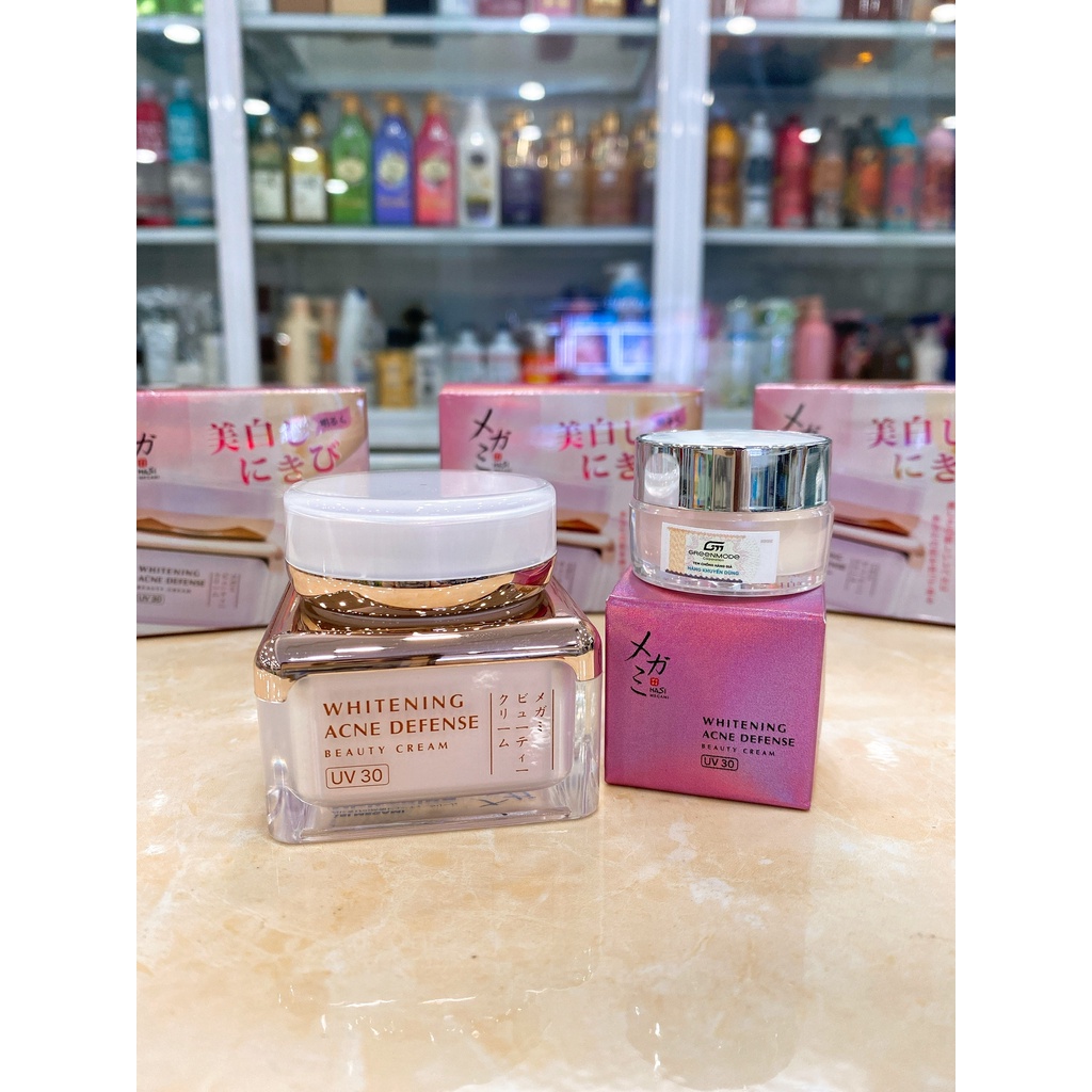 Kem Dưỡng Trắng Da Mờ Thâm Mụn HASI Megami Thảo Dược Whitening Acne Defense UV30 28g