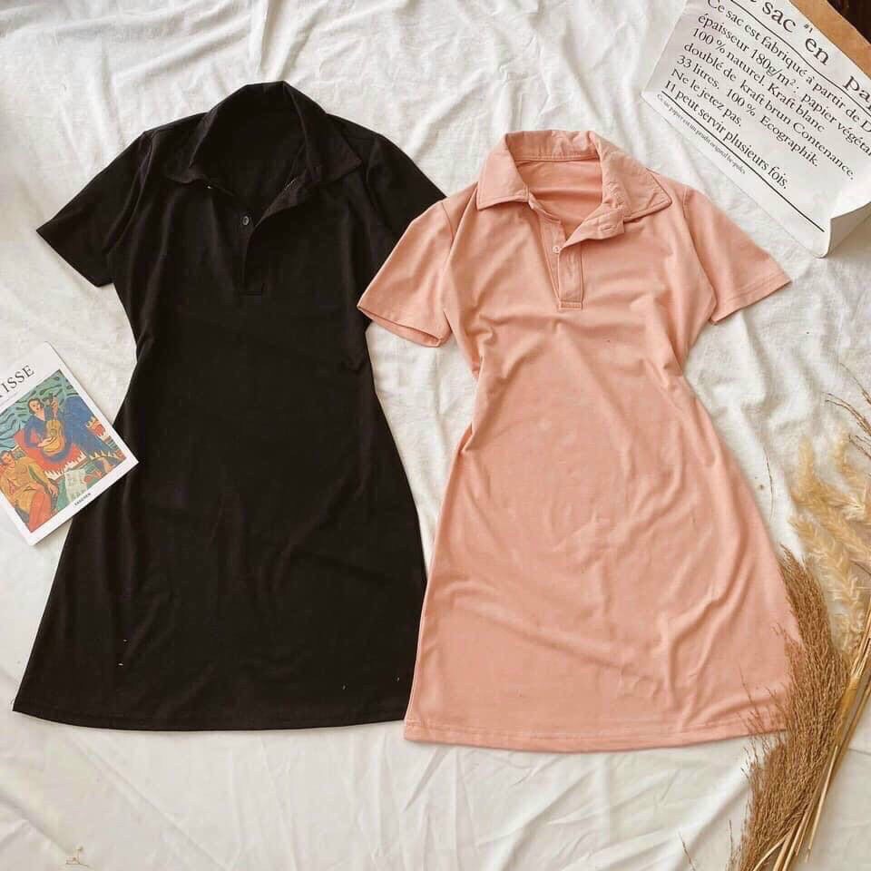 đầm ngắn borip tay ngắn cổ bẻ phối nút