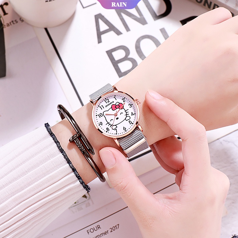 Đồng Hồ Đeo Tay Mặt Tròn Hình Hello Kitty Dễ Thương Dành Cho Bé Gái
