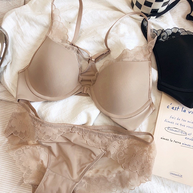 Bộ đồ lót cotton phối ren có gọng đệm mỏng móc cài trước chống lộ viền ren sexy - THAOCHERRY  BL21