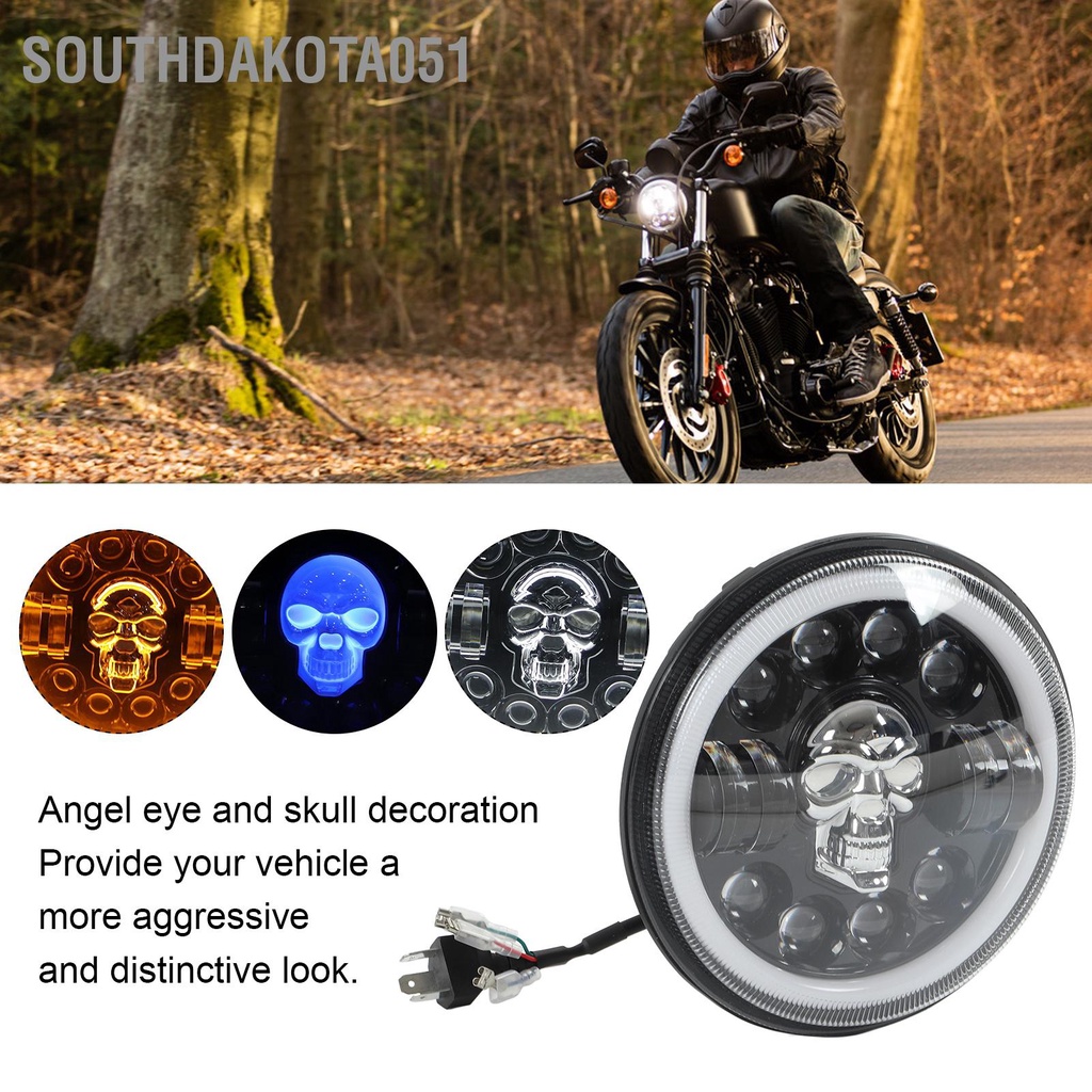 Southdakota051 Đèn pha xe máy 7in LED Angel Eye Headlight Mẫu đầu lâu Ánh sáng trắng Chống thấm nước Sửa đổi phổ quát