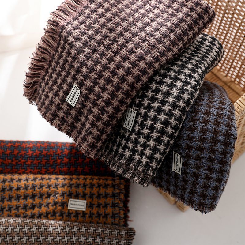 Khăn choàng len cashmere dày dặn giữ ấm họa tiết sọc caro phong cách Hàn quốc