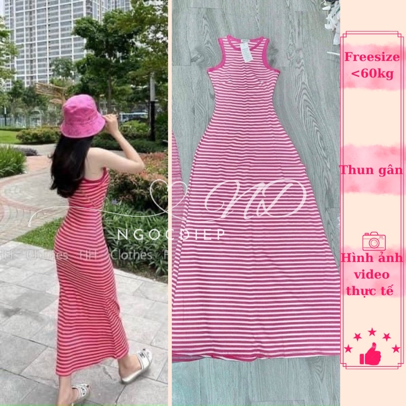 Đầm Maxi Body Sát nách sọc hồng