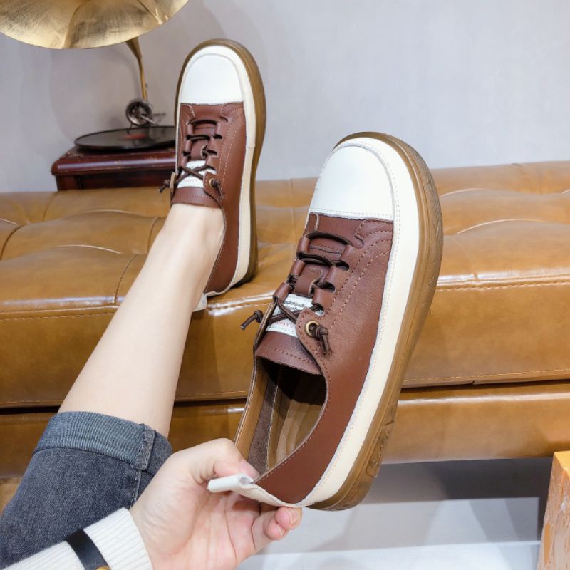 t Giày Thể Thao Nữ Nâu Giày Da Thật Dây Lười Mềm Êm Fullbox Cao Cấp