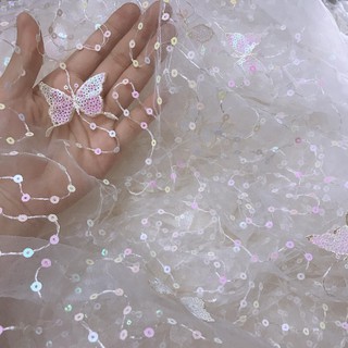vải lưới đính kim sa hình con bướm