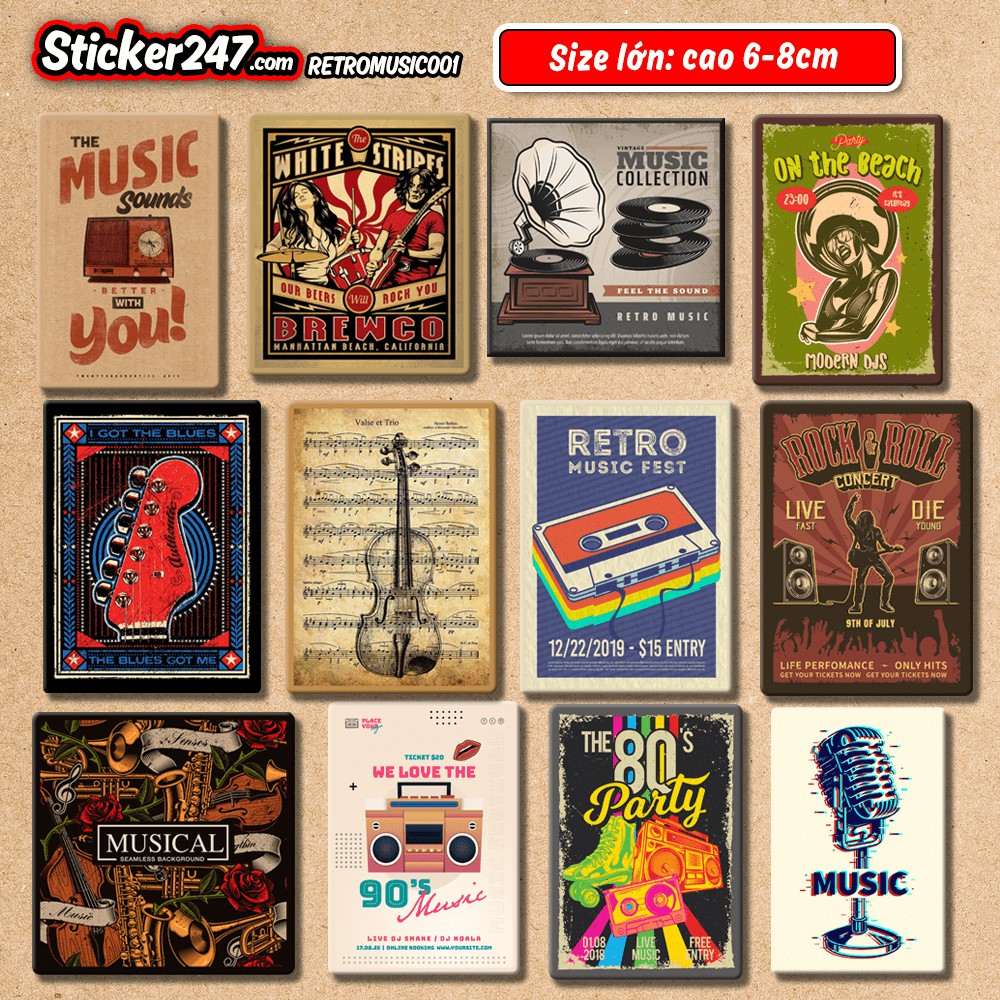 Sticker Vintage Retro Chủ đề Music 🌈Freeship chống nước, sticker dán laptop, ipad, điện thoại, đàn guitar, mũ bảo hiểm