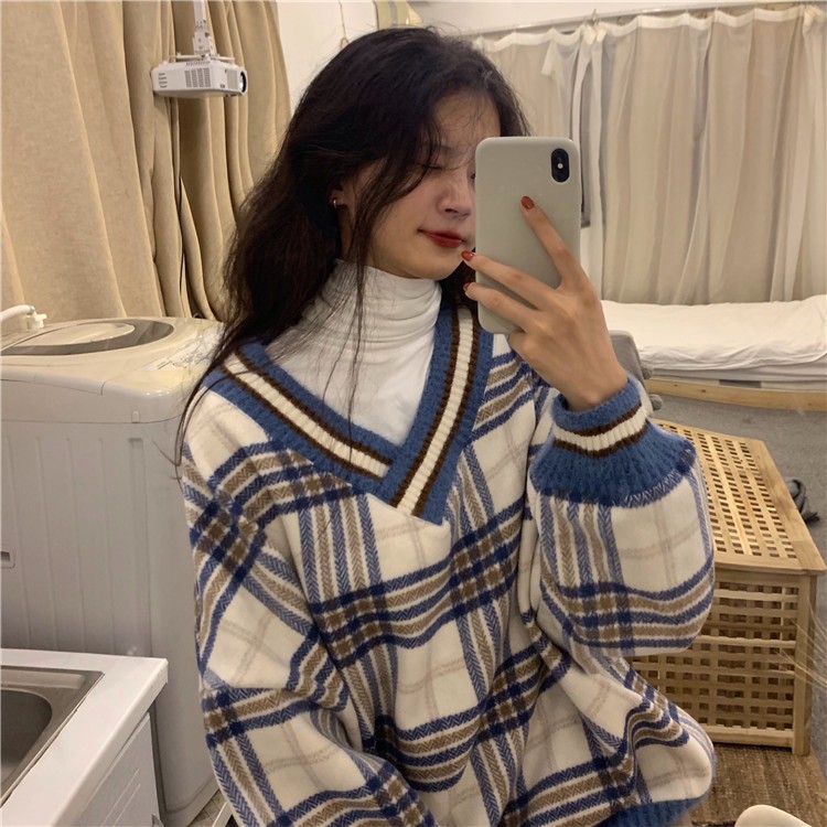 Áo sweater nữ len áo nỉ sweater nữ form rộng unisex cổ v kẻ caro thời trang ulzzang hàn quốc | BigBuy360 - bigbuy360.vn