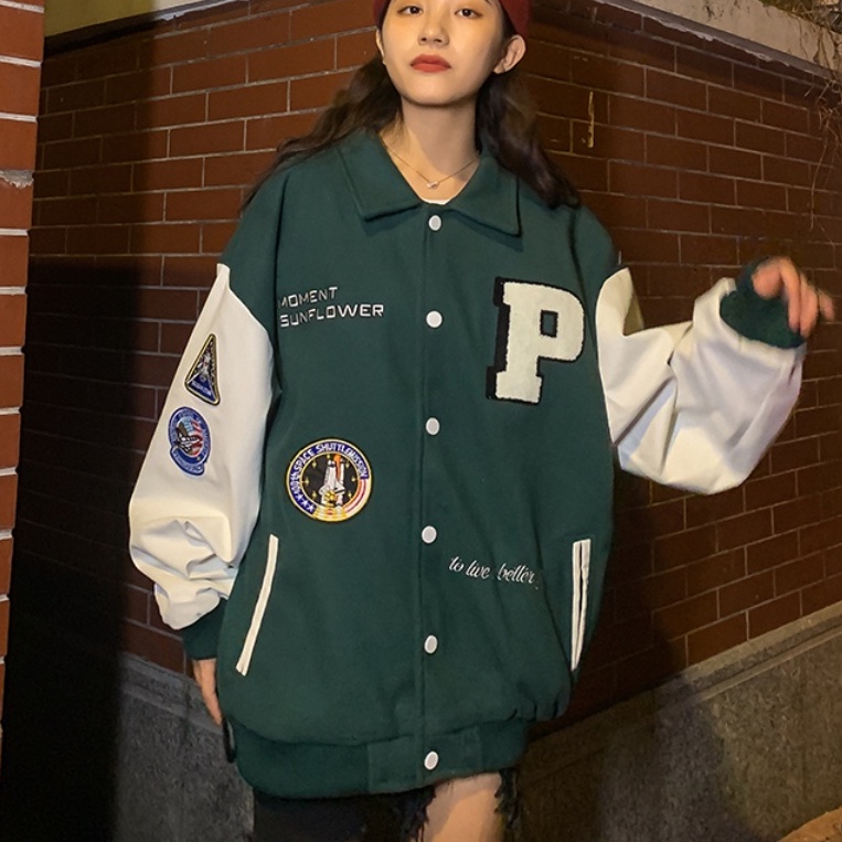 Áo khoác bomber Jacket vải nỉ phối tay da, áo bomber bóng chày nam nữ unisex form rộng Đồng phục bóng chày nam thanh niên thời trang unisex thêu tay