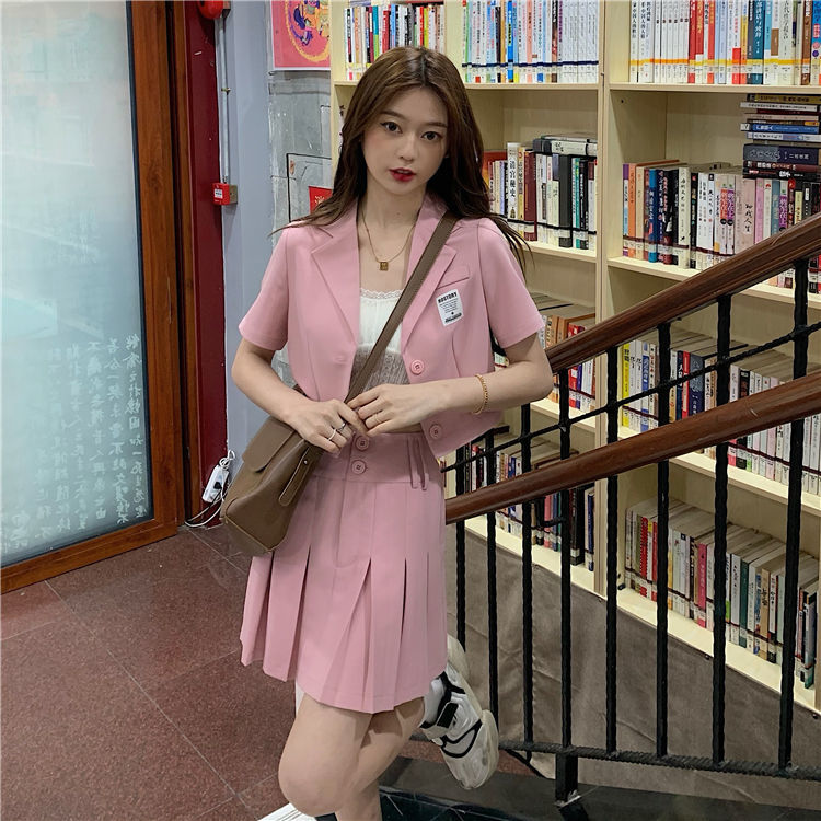 Large Size Women's Clothing Fat Sister Temperament Western Style Slimming Suit Jacket+Same Color Pleated Skirt Fashion Suit Summer