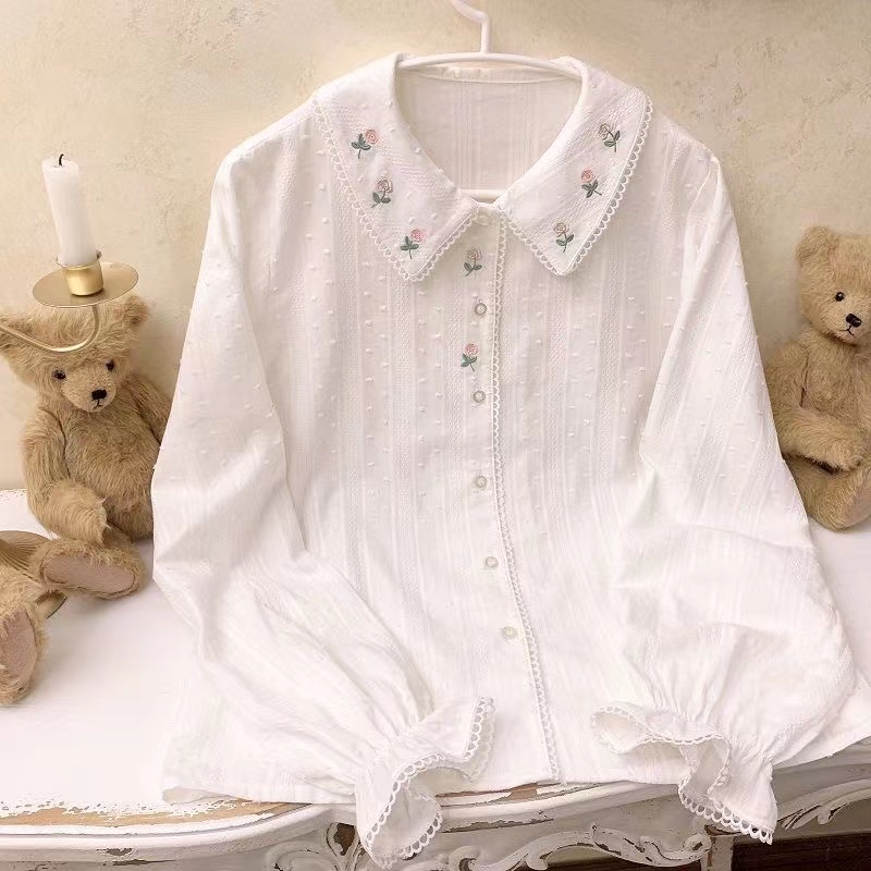 Hàng Mới Về Áo Sơ Mi Tay Dài Vải Cotton Dáng Rộng Thêu Hoa Phong Cách Hàn Quốc Cho Nữ Hàng Mới