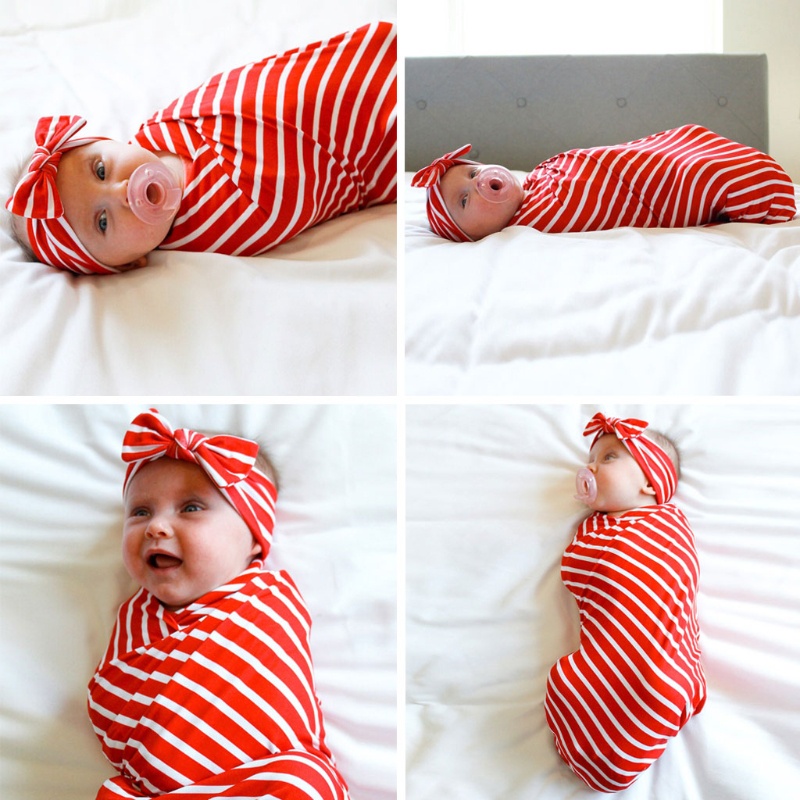 Set Chăn Quấn Và Băng Đô Họa Tiết Sọc Đáng Yêu Cho Bé