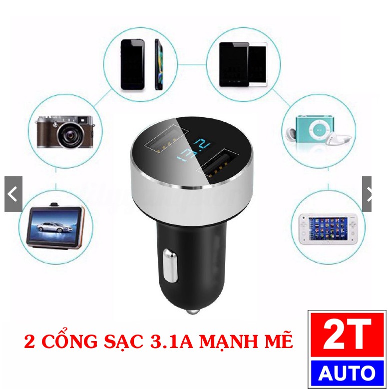 Tẩu sạc 2 cổng USB 3.1A tích hợp vôn kế đo dòng điện ắc quy cho xe hơi phiên bản mới-12V-24V:   SKU:603