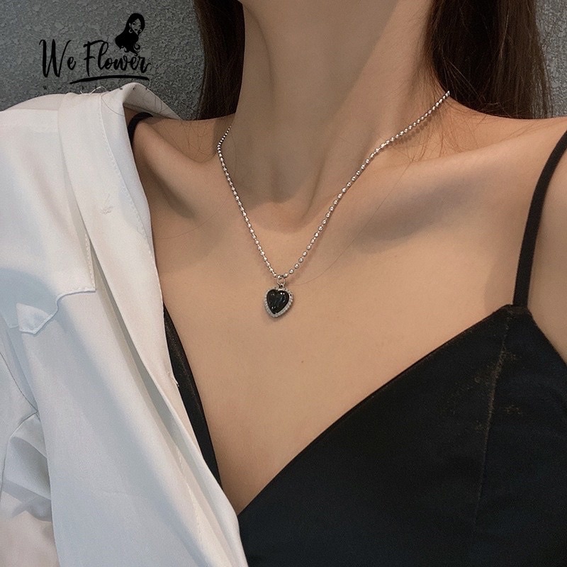 Dây Chuyền Màu Bạc Mặt Trái Tim Đính Đá Màu Đen Phong Cách Cổ Điển Thời Trang Dễ Thương Cho Nữ