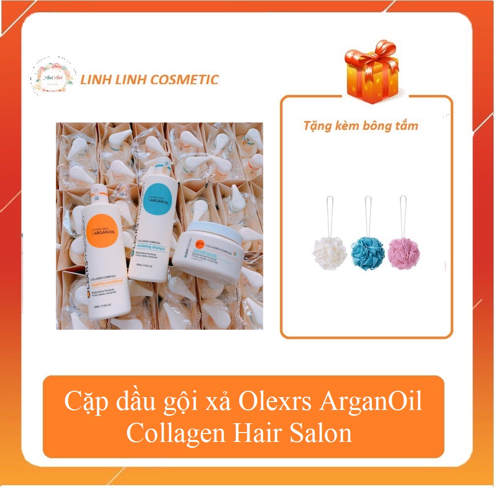 (tặng kèm bông tắm) Cặp dầu gội xả Olexrs Argan Oil Collagen Hair Salon