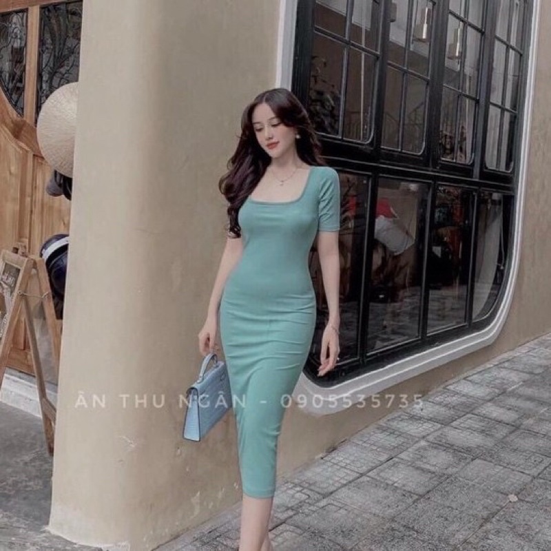 Váy body nữ tay lỡ cổ vuông dáng dài chất thun bozip co dãn nhiều màu duyendell