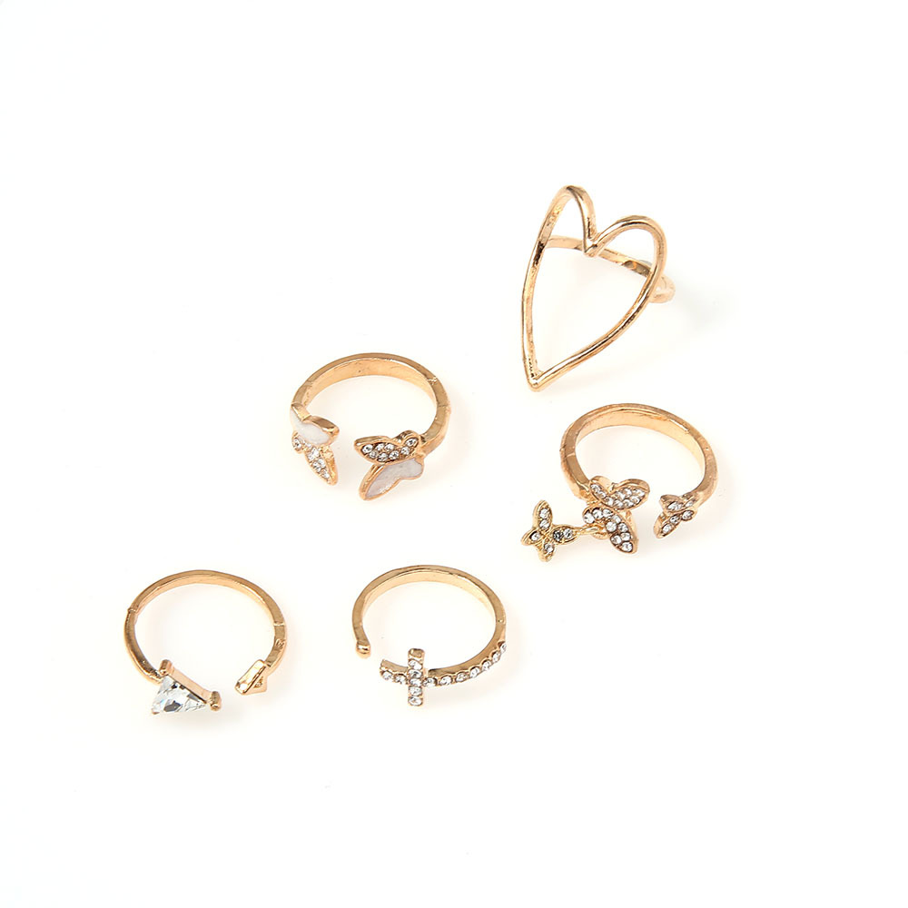 5 Pcs/set Sweet Butterfly Rings/Trend Fashion Cross Triangle Rings/Heart-Shaped Hollow Adjustable Open Ring Female Jewelry