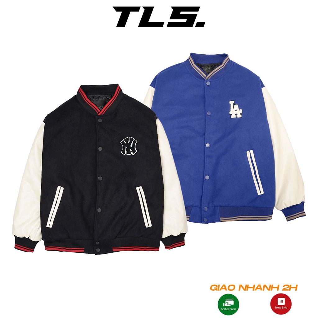 Áo khoác TLS bóng chày varsity NY LA unisex ba lớp lót bông dày dặn