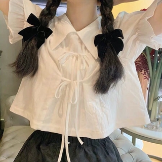 Áo kiểu croptop babydoll cổ bẻ tay ngắn phồng dáng rộng cột nơ màu trắng phong cách Hàn Quốc ulzzang thời trang cho nữ
