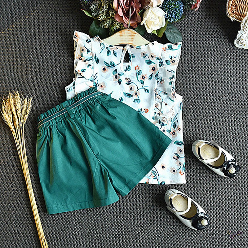 Set Áo Thun Tay Loe+Quần Short Hoa Cho Bé Gái