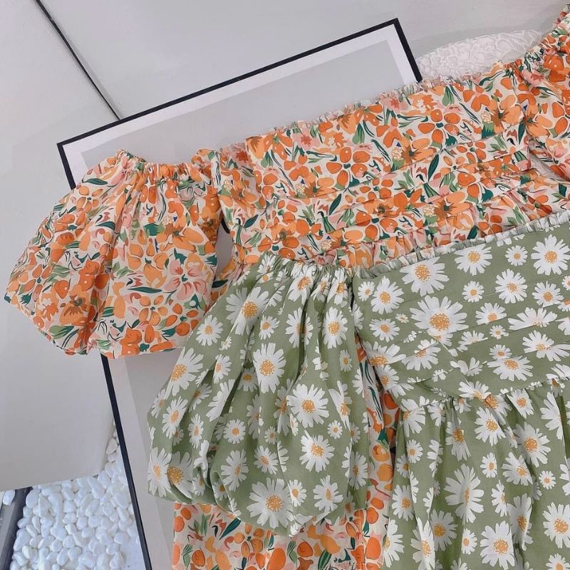 ÁO HOA TAY BỒNG LƯNG BO CHUN XANH/HỒNG | BigBuy360 - bigbuy360.vn
