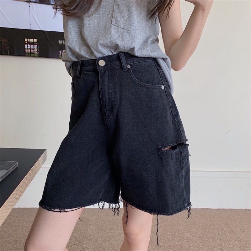 Bigsize (S đến 35) Quần Short Ngố Bò Đen Ống Rộng Rách Sườn VNXK VÀ trơn Ms 44- TC Shop jeans
