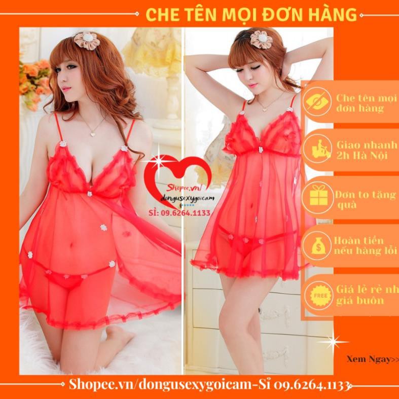 Đầm ngủ sexy - Đồ ngủ sexy 2 dây voan mỏng xuyên thấu gợi cảm đính hoa nhí ( Nhiều lựa chọn)  ྇