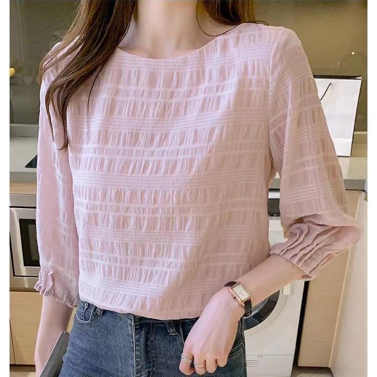 Áo Sơ Mi Chiffon Tay Lửng Cổ Tròn Màu Trơn Thời Trang 2022