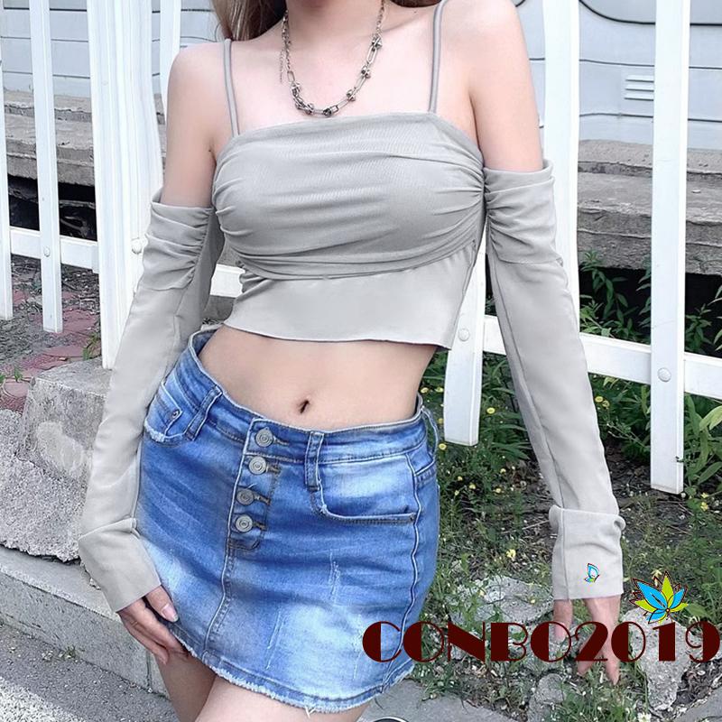 Áo Croptop Trễ Vai Dài Tay Phối Lưới Thời Trang Dành Cho Nữ