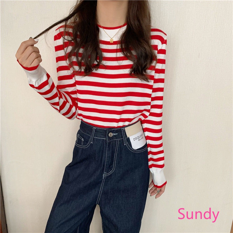 Áo Dệt Kim Dáng Rộng Kẻ Sọc Kiểu Hàn Quốc Thời Trang Mùa Thu Cho Nữ