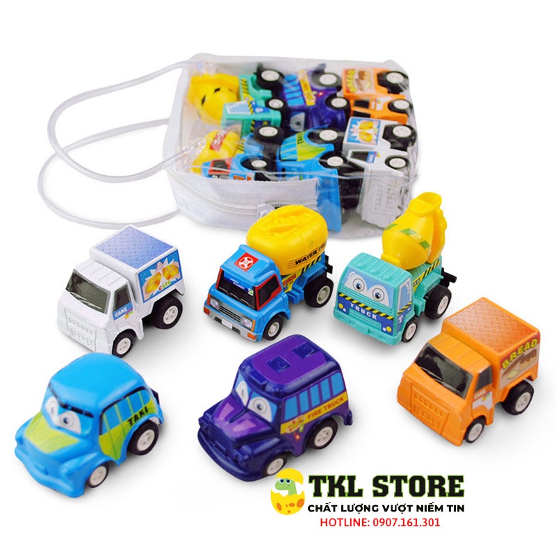Xe đồ chơi cho bé, bộ 6 xe mini chạy cót nhiều màu sắc cho bé - TKL STORE